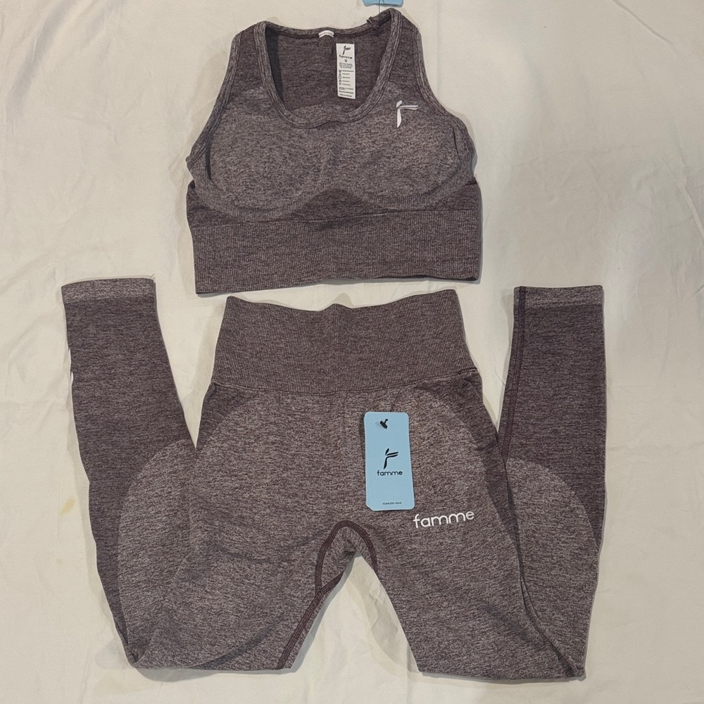 NWT Famme Melange Bordeaux Sports Elevate Crop Top & Elevate Wave Leggings Set